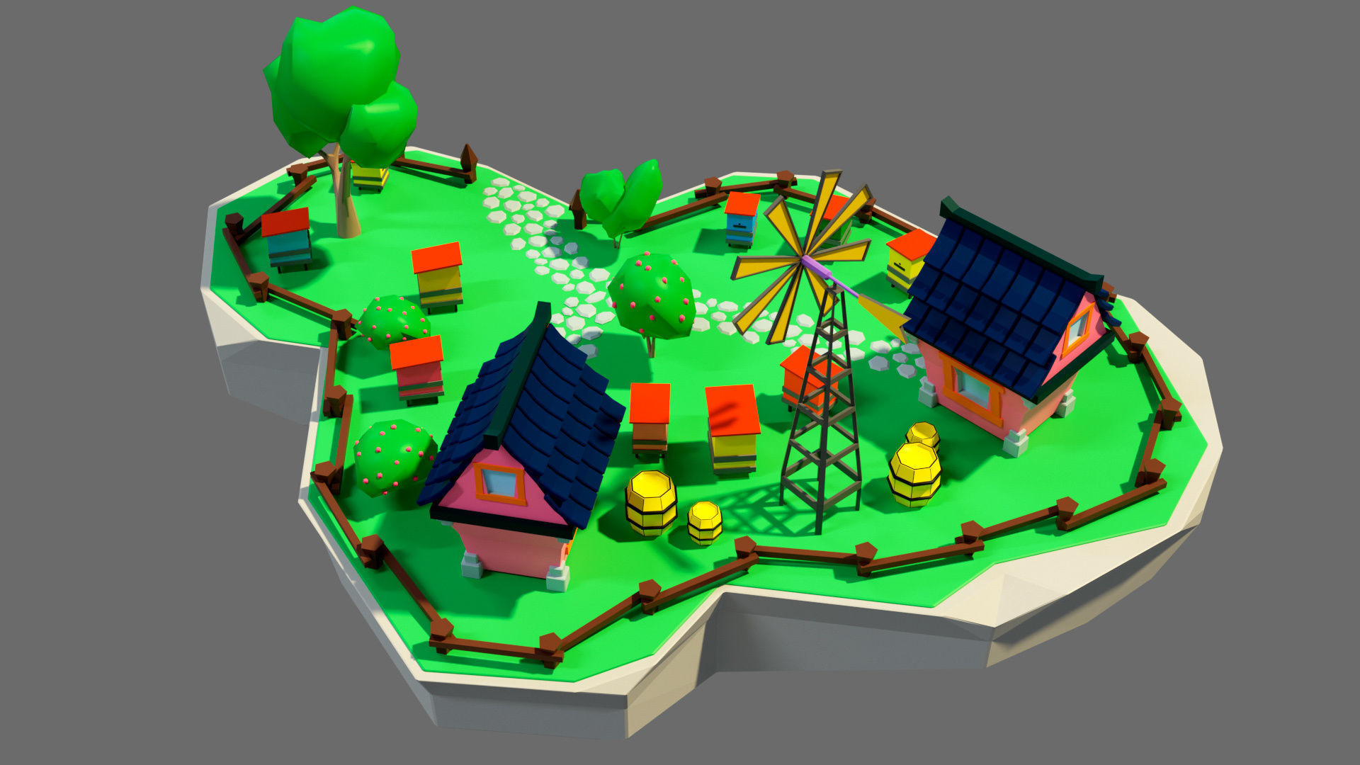 island 7 with houses and windmill Low-poly 3D model_3