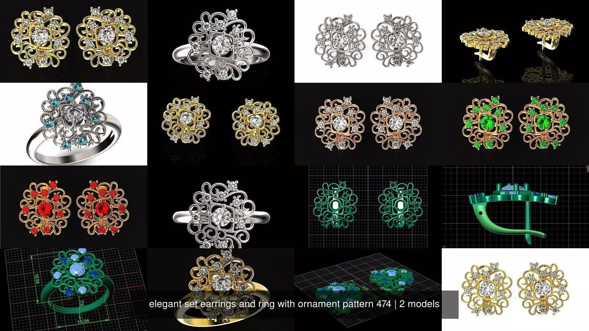 elegant set earrings and ring with ornament pattern 474 3D Model Collection_1