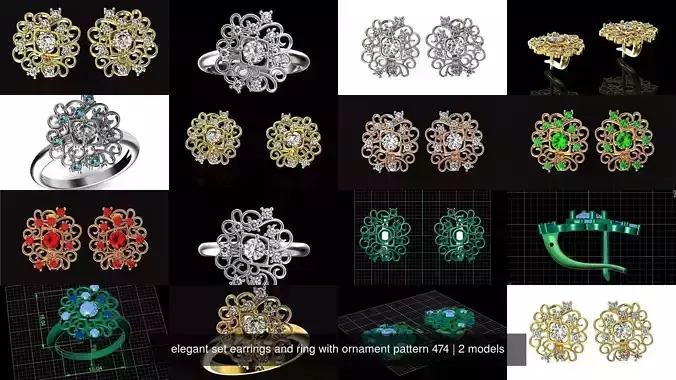 elegant set earrings and ring with ornament pattern 474
