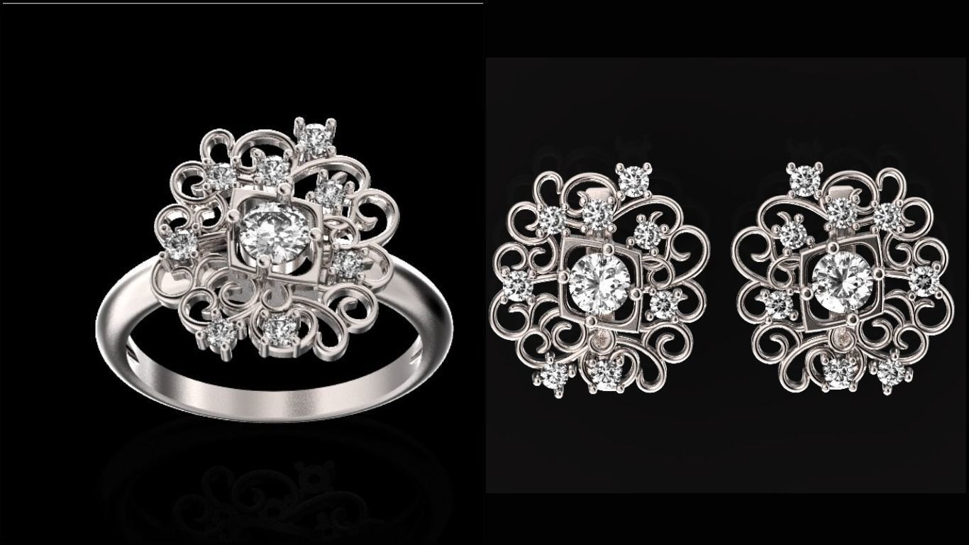 elegant set earrings and ring with ornament pattern 474 3D Model Collection_2