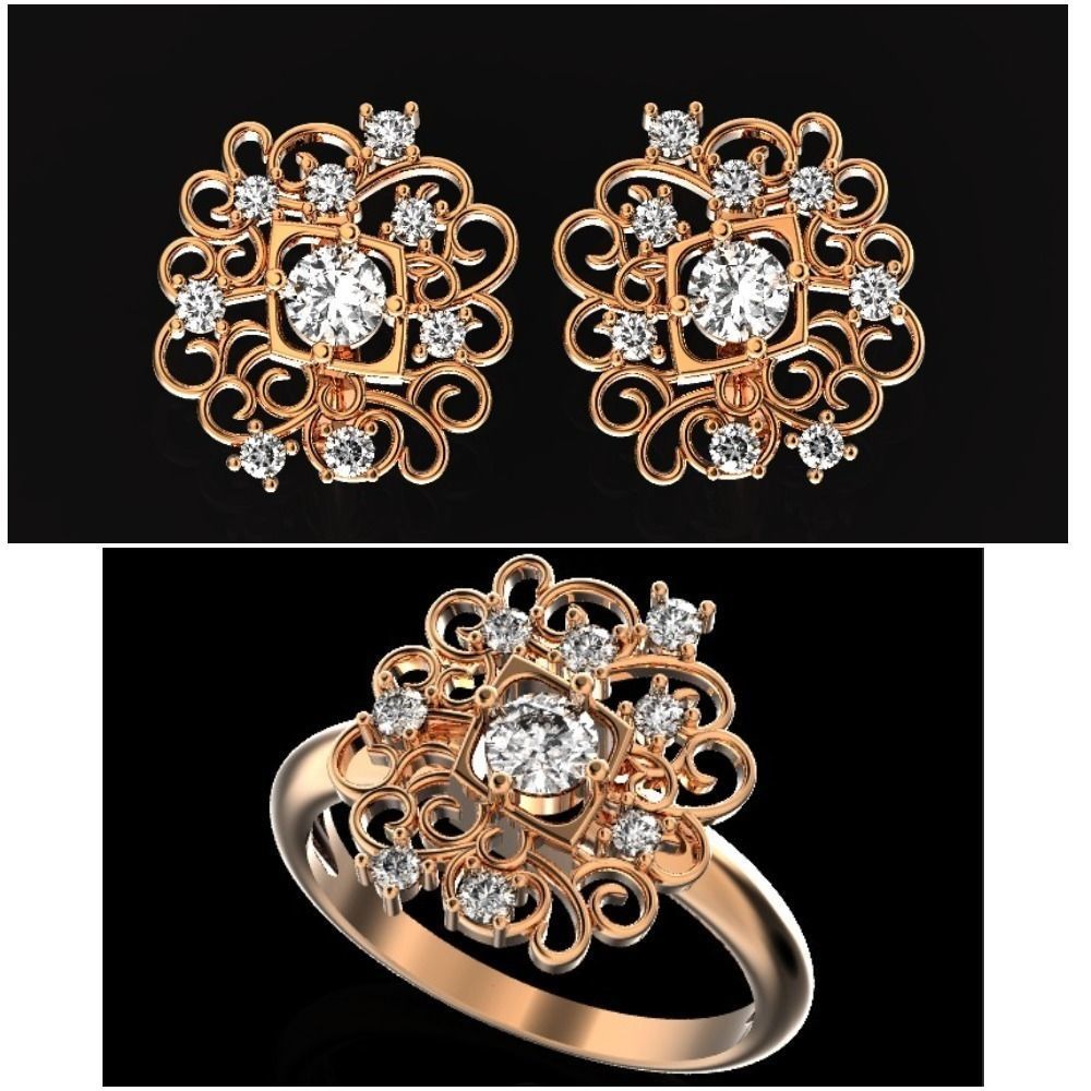 elegant set earrings and ring with ornament pattern 474 3D Model Collection_3
