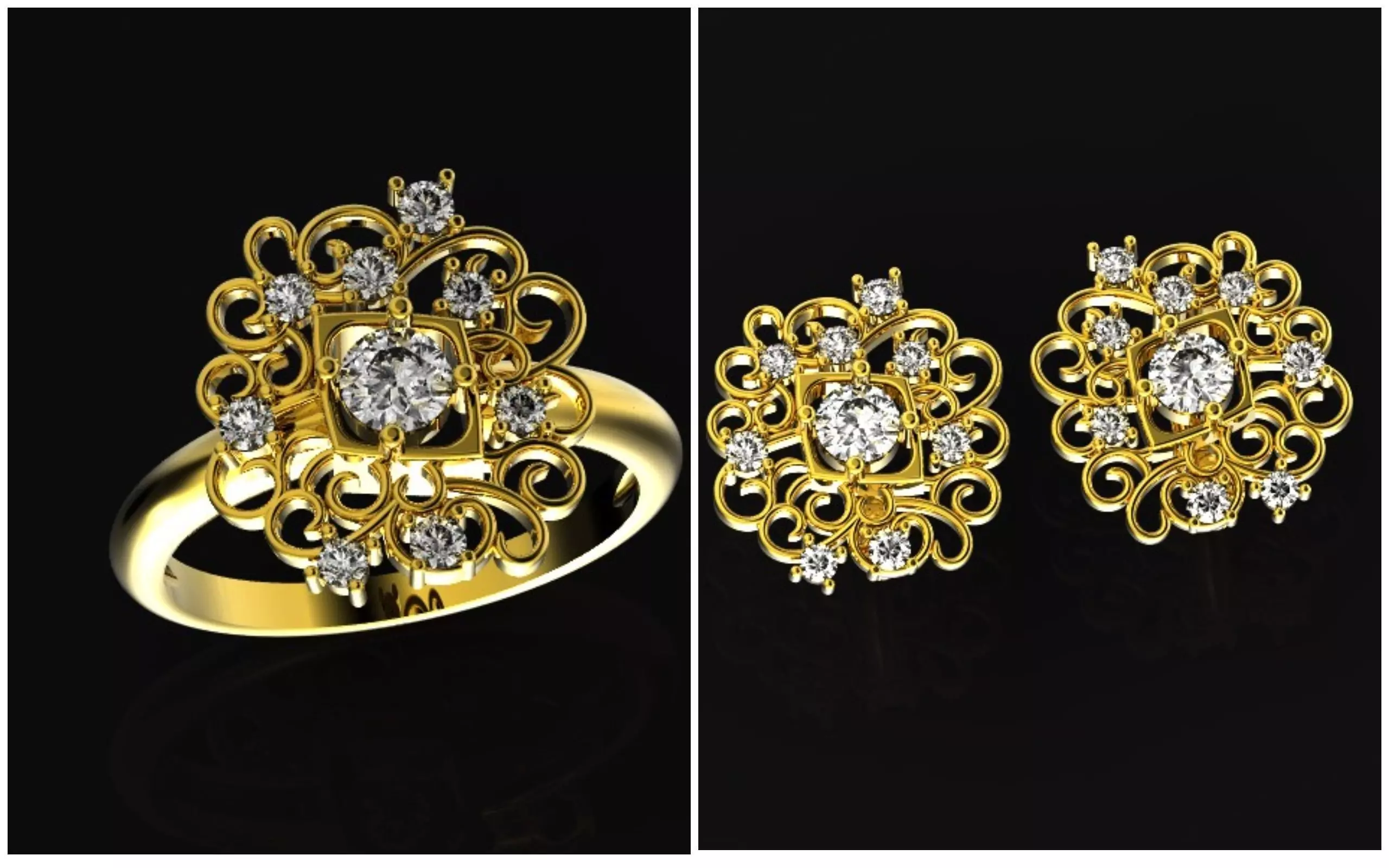 elegant set earrings and ring with ornament pattern 474 3D Model Collection_0