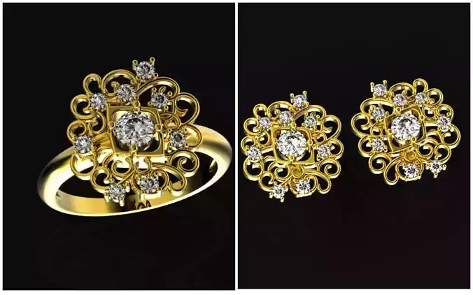 elegant set earrings and ring with ornament pattern 474 3D Model Collection elegant set earrings and ring with ornament pattern 474 3D Model Collection