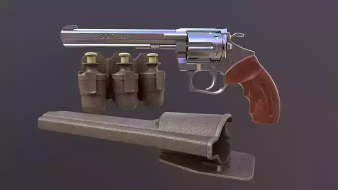 Rook Classic Revolver Stainless with Bandolier and Speedloader Low-poly 3D model