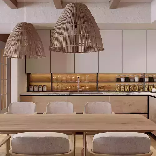 Minimal Woody Living Room Kitchen 3D Model Interior Scene