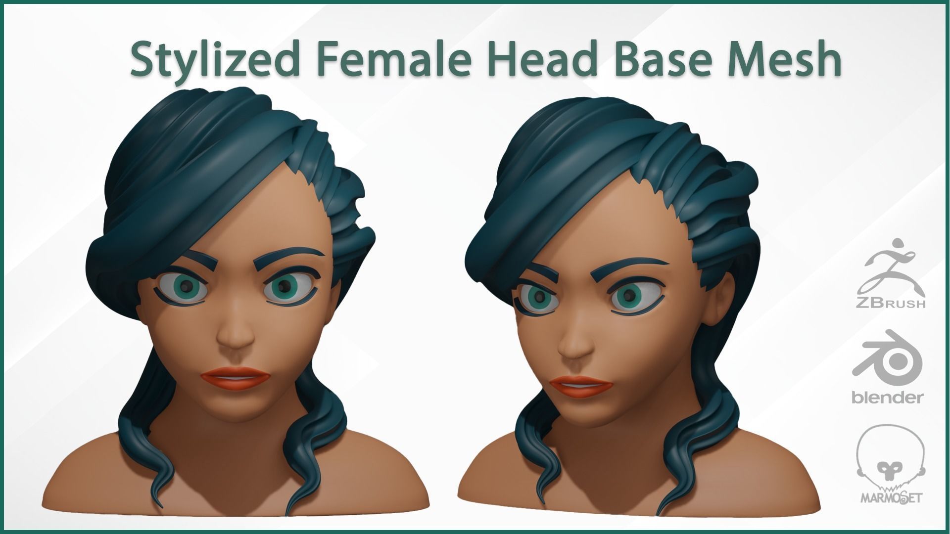 Female Head Stylized Base mesh with Hair in blender curve 2 Low-poly 3D model_2