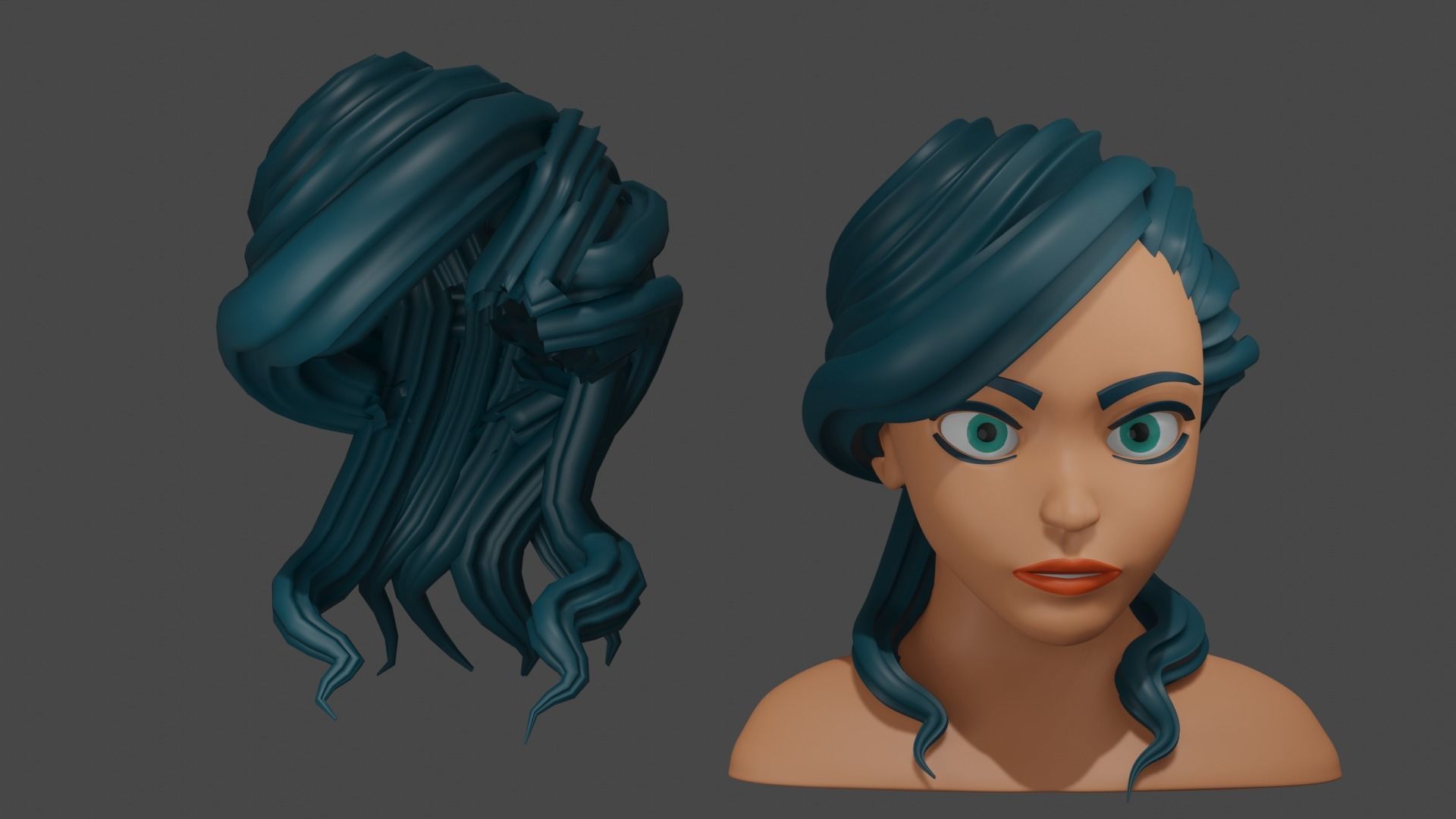 Female Head Stylized Base mesh with Hair in blender curve 2 Low-poly 3D model_15