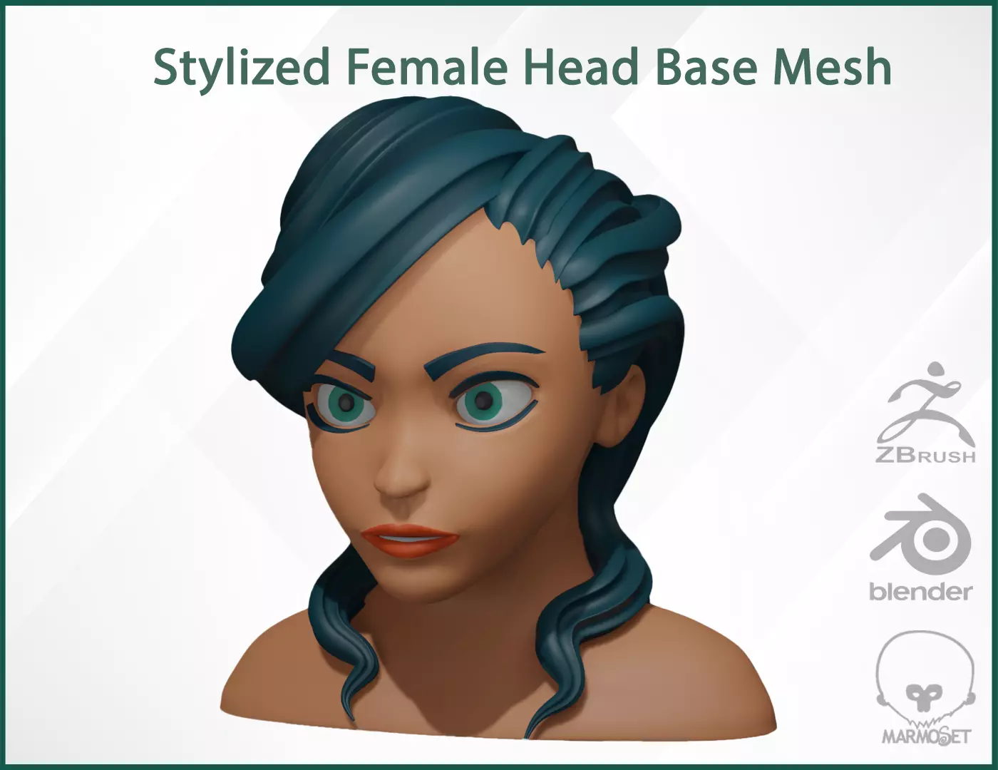 Female Head Stylized Base mesh with Hair in blender curve 2 Low-poly 3D model_0