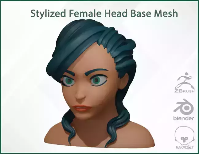 Female Head Stylized Base mesh with Hair in blender curve 2 Low-poly 3D model Female Head Stylized Base mesh with Hair in blender curve 2 Low-poly 3D model