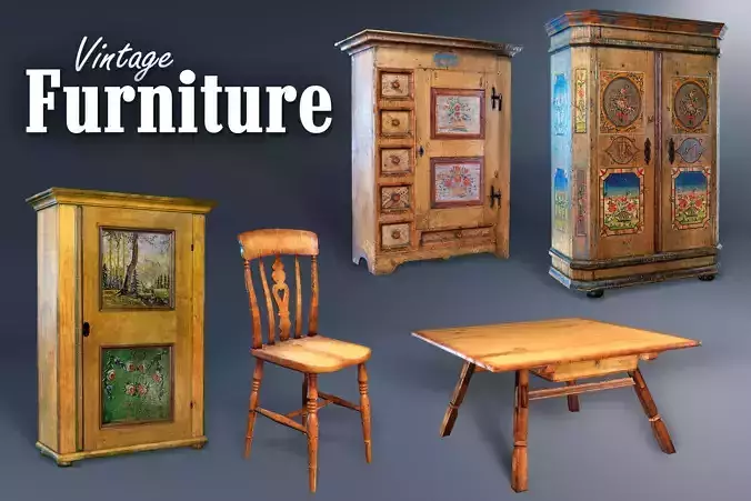 Old Vintage Furniture Pack Low-poly 3D model