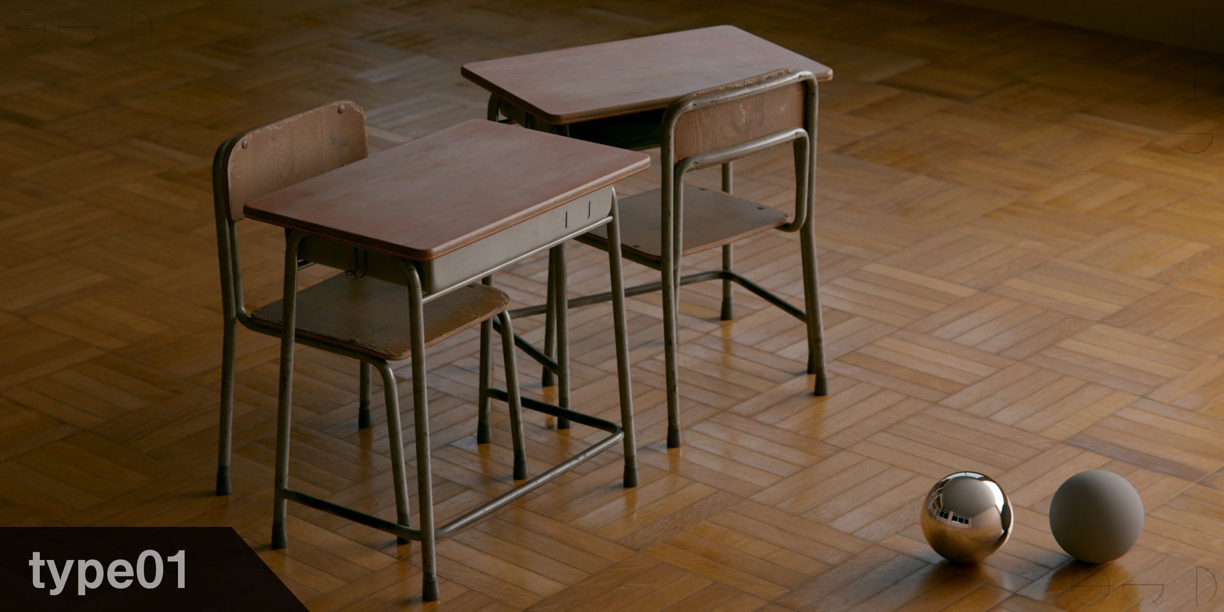 Japanese School Desk and Chair with Blender Demo scene 3D model_2