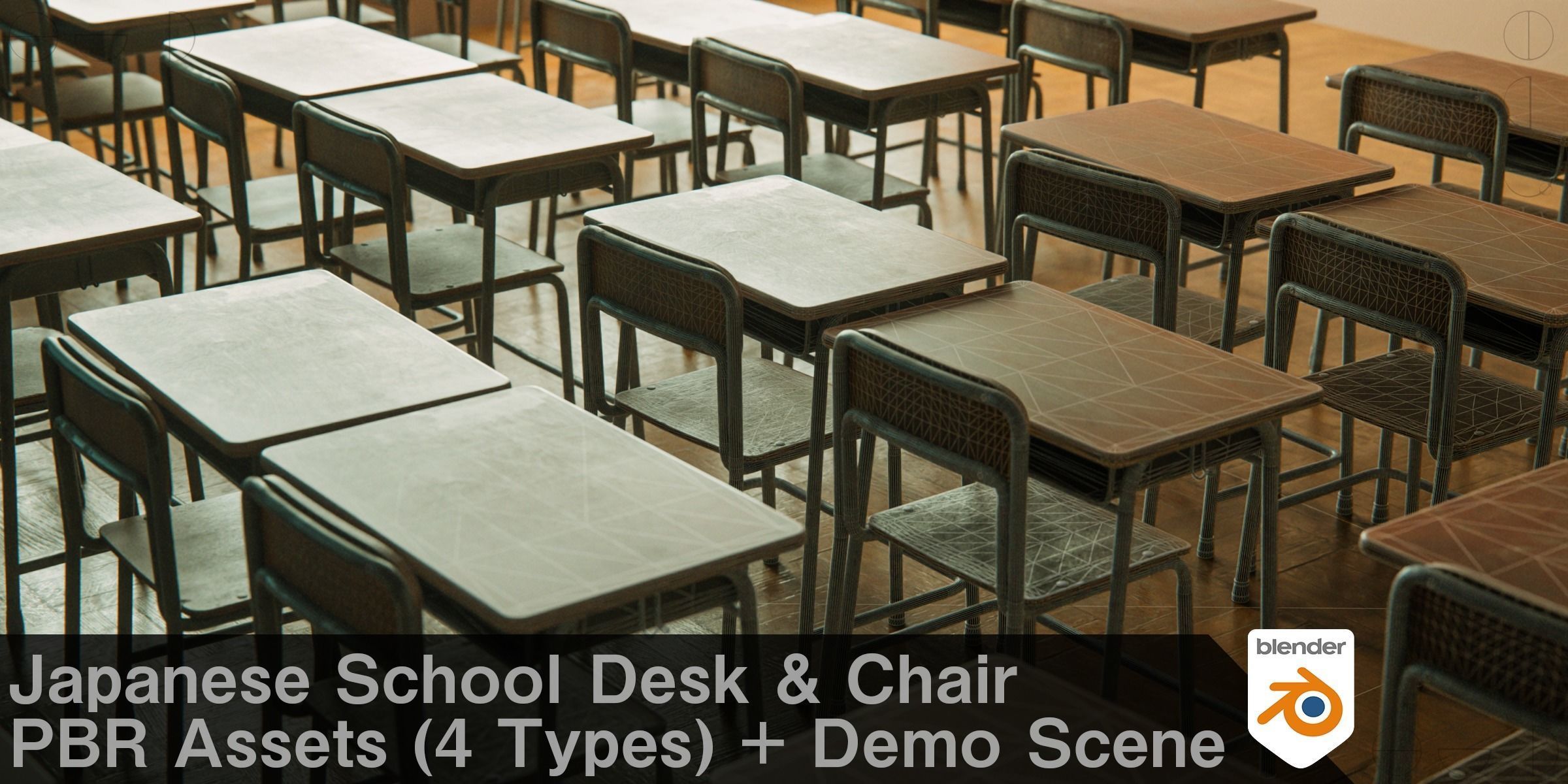 Japanese School Desk and Chair with Blender Demo scene 3D model_1