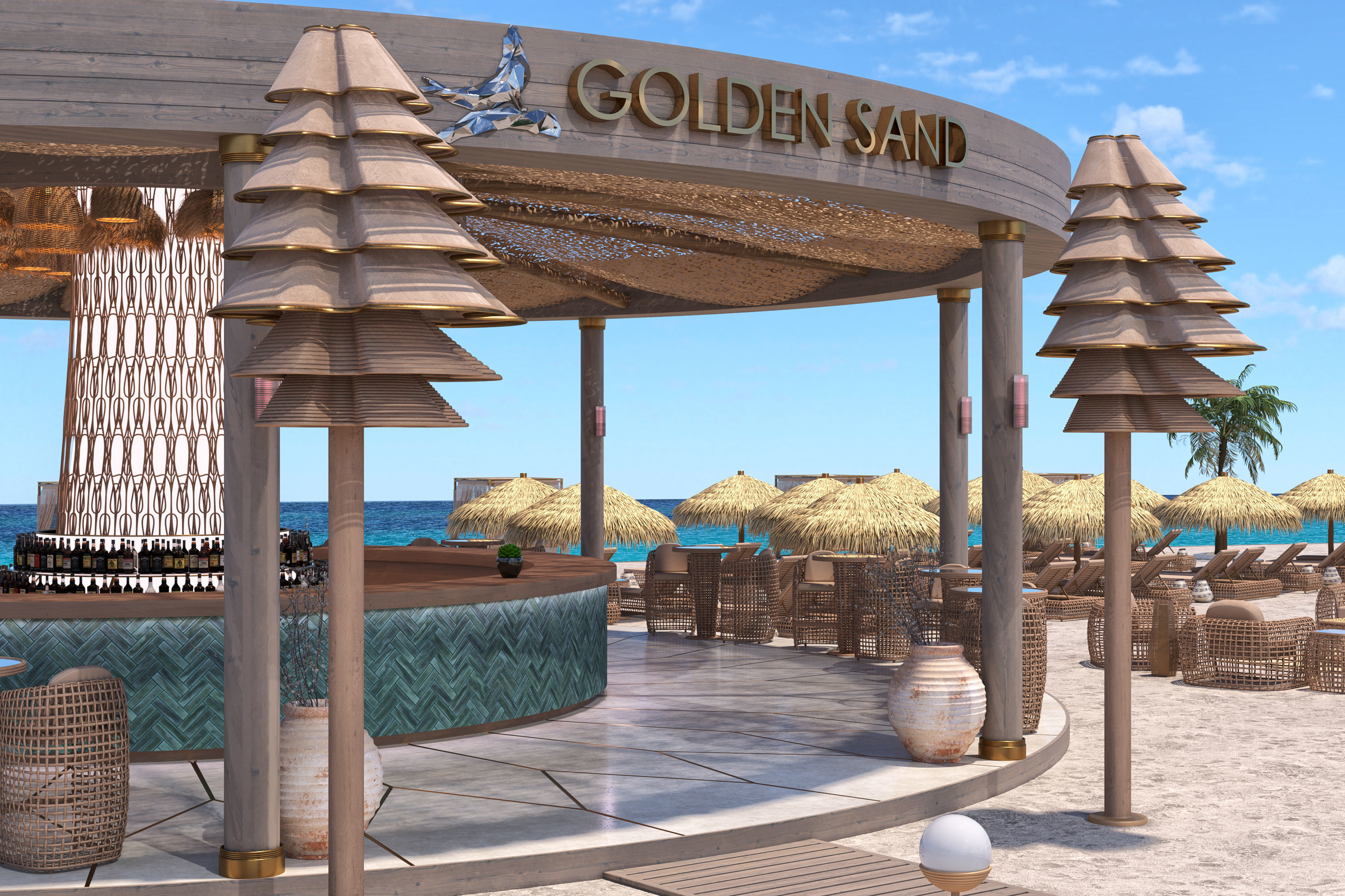 GoldenSand Beach Club Restaurant Bar exterior render ready scene 3D model_7
