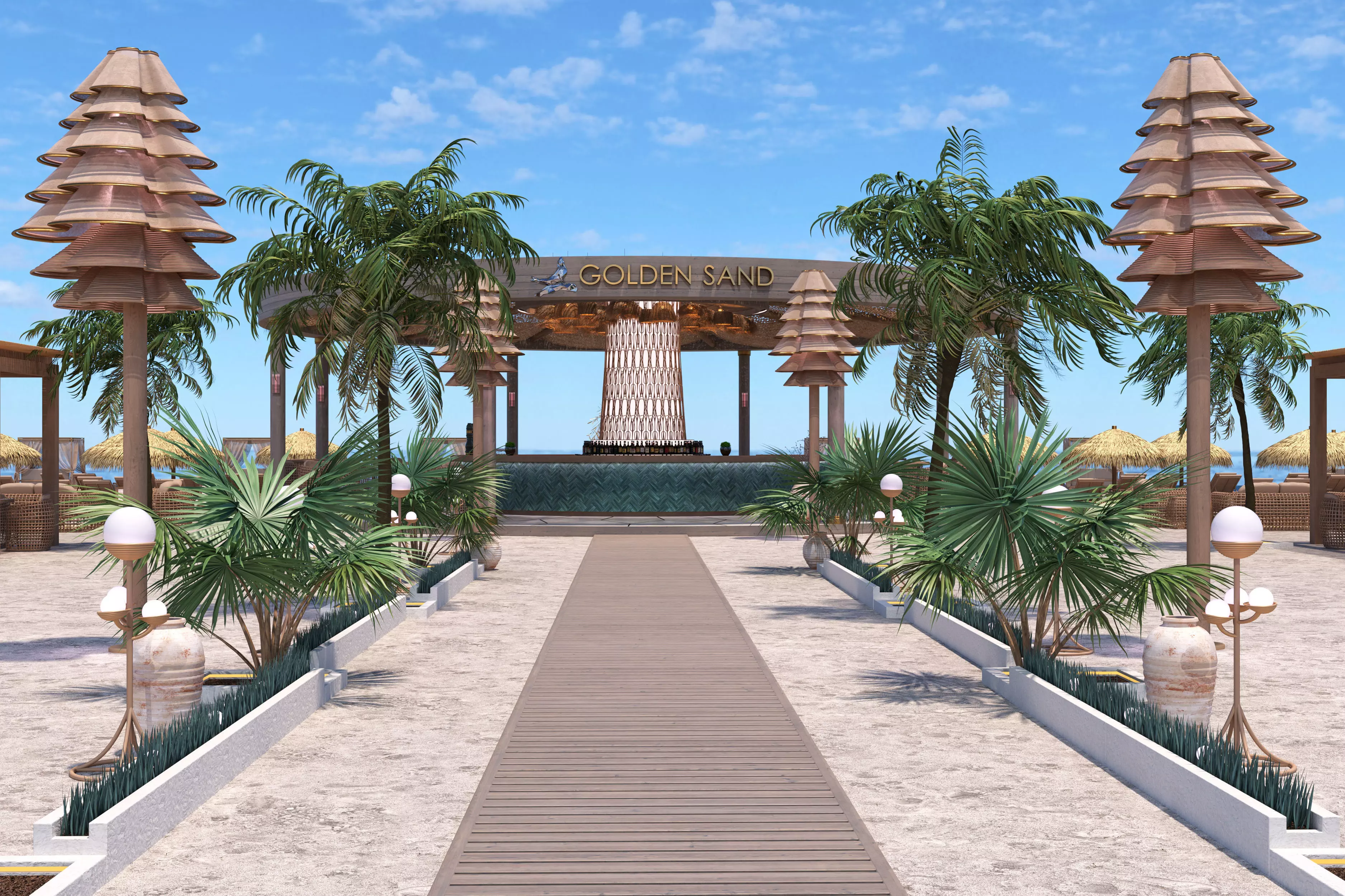 GoldenSand Beach Club Restaurant Bar exterior render ready scene 3D model_0