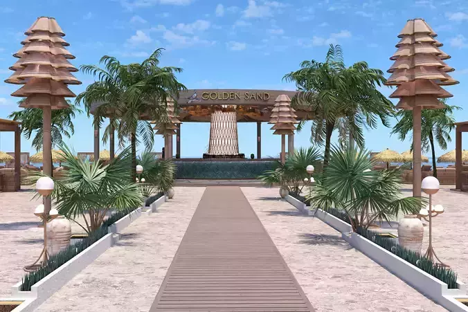 GoldenSand Beach Club Restaurant Bar exterior render ready scene 3D model