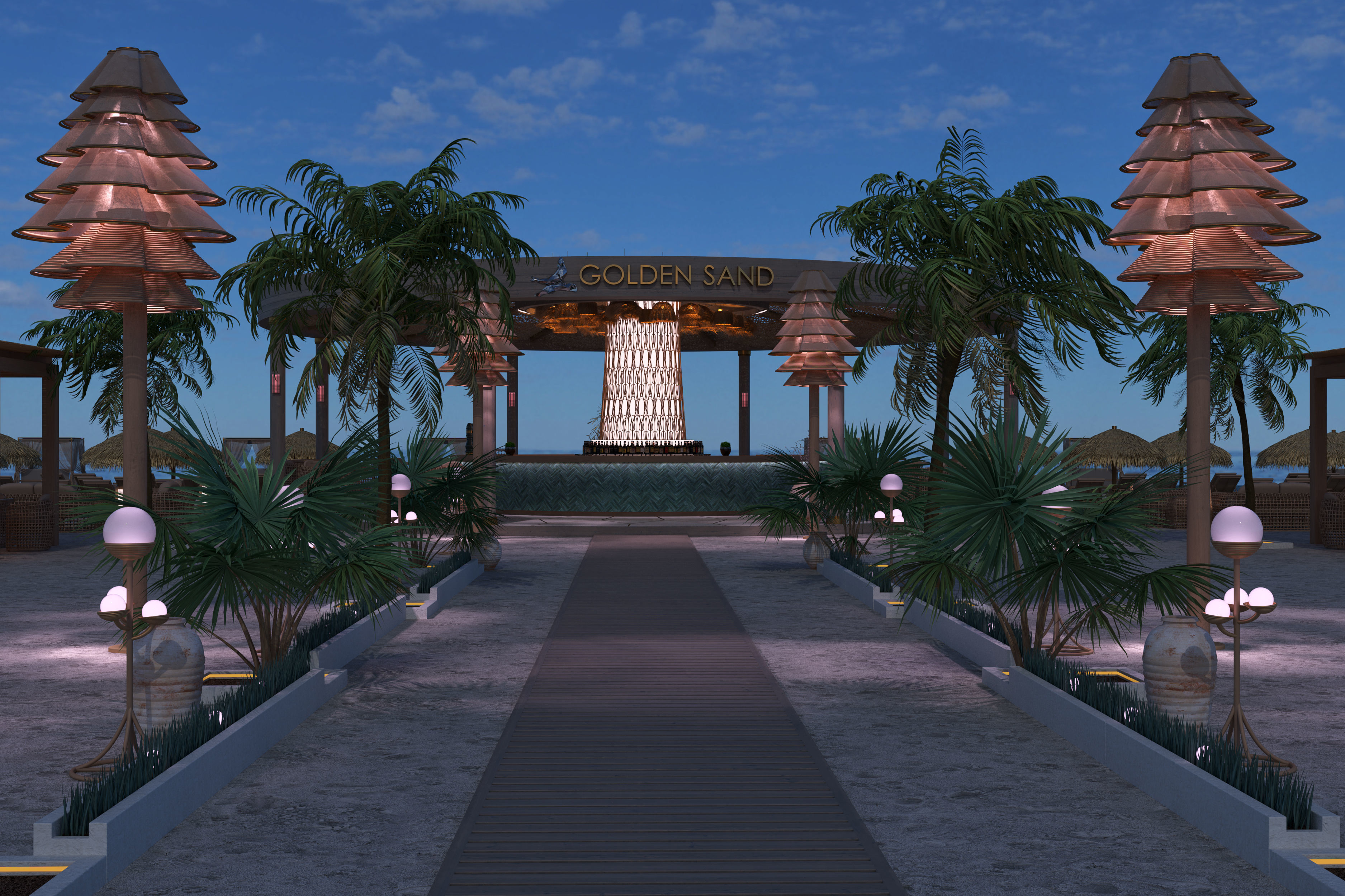 GoldenSand Beach Club Restaurant Bar exterior render ready scene 3D model_2