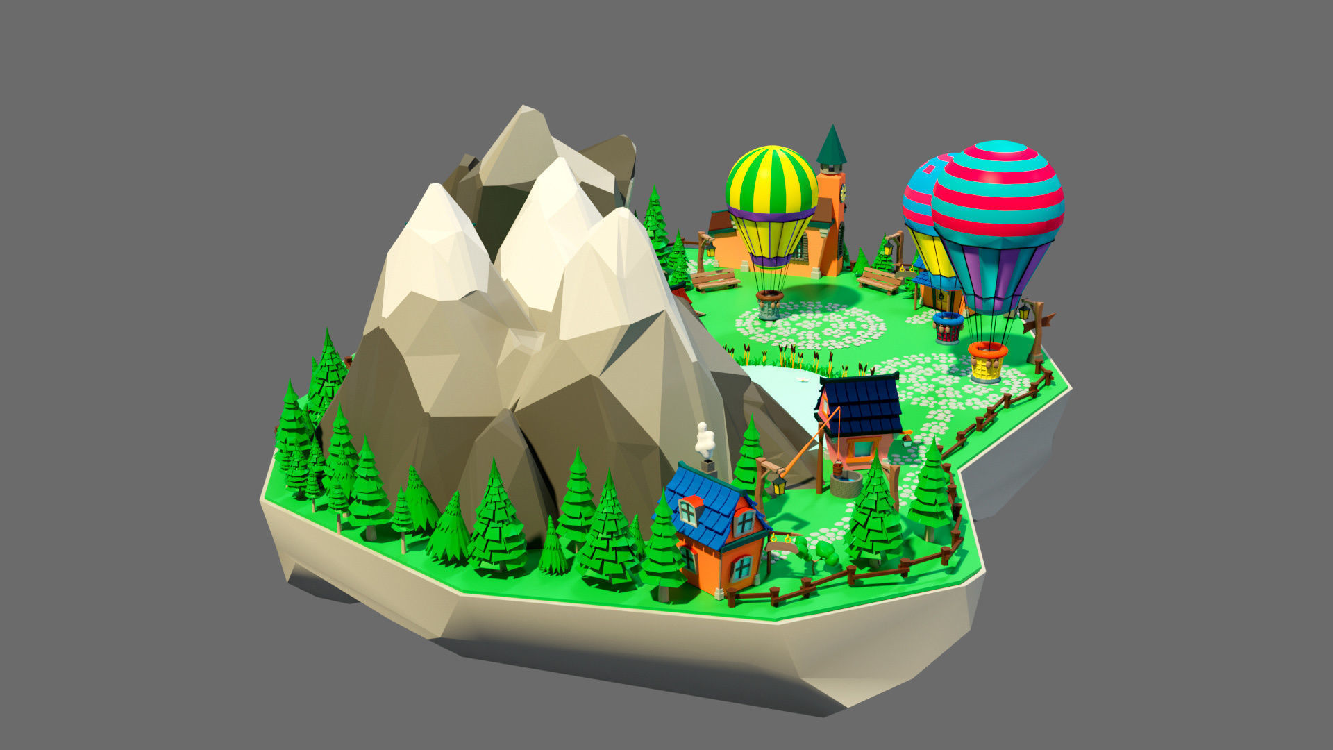 island 8 with trees and hot air balloons Low-poly 3D model_1