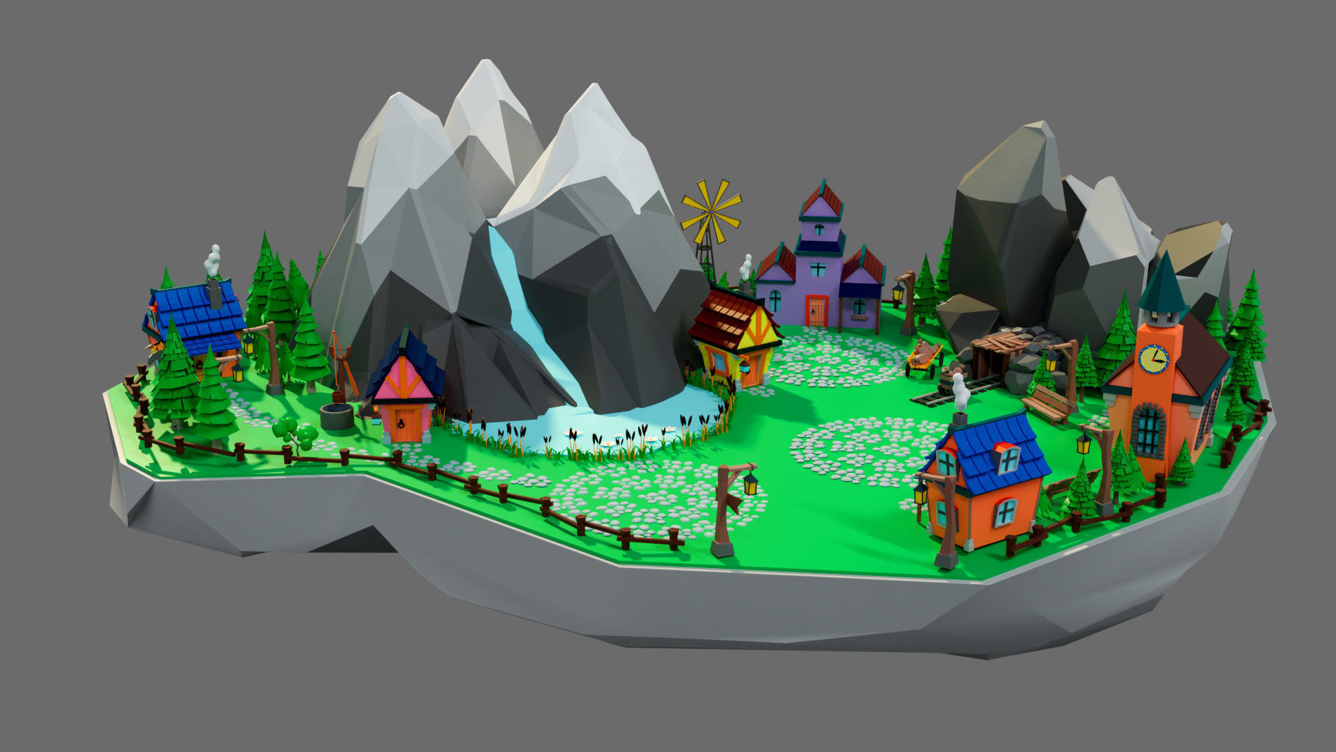 island 8 with trees and hot air balloons Low-poly 3D model_9