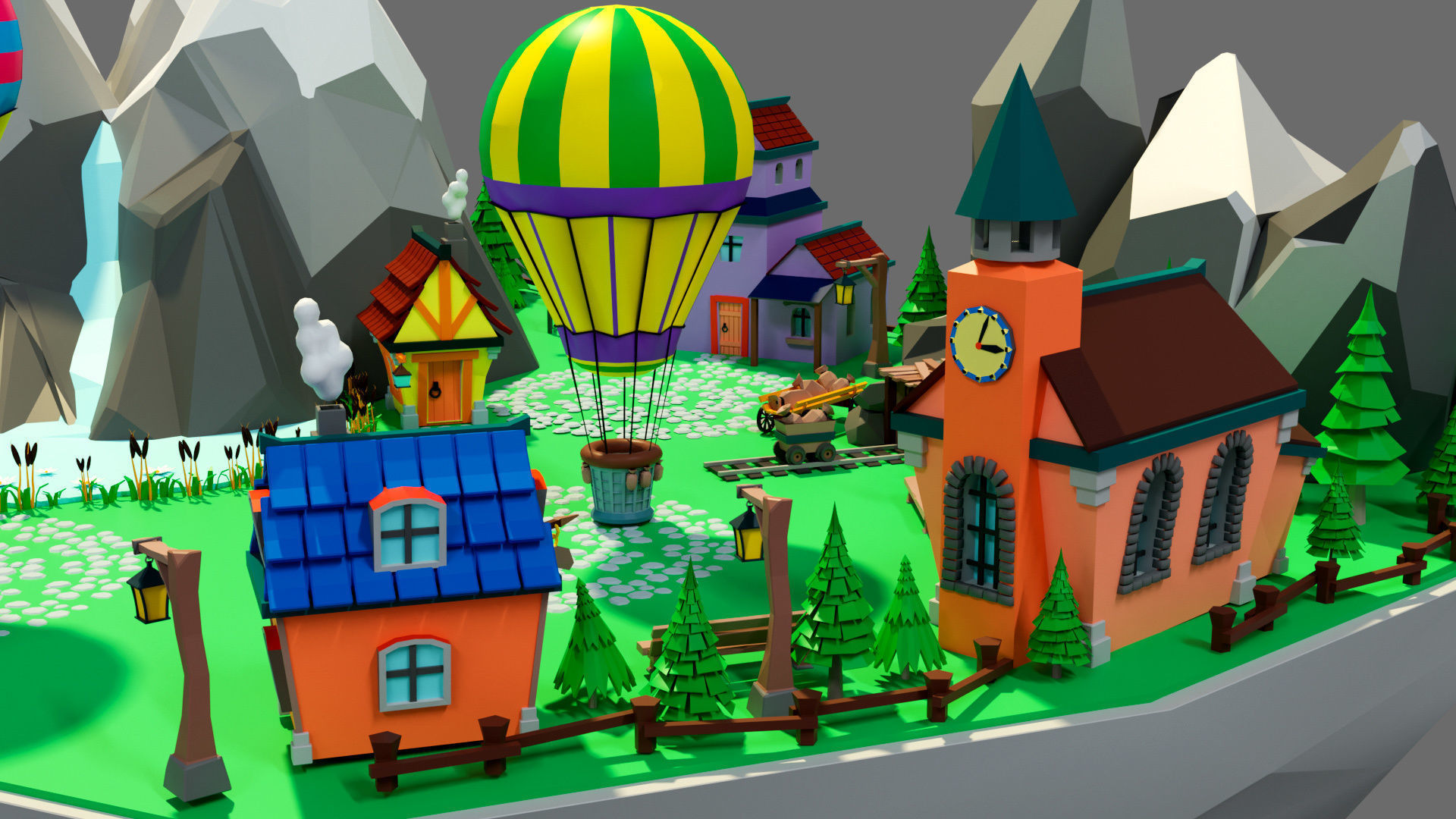 island 8 with trees and hot air balloons Low-poly 3D model_5