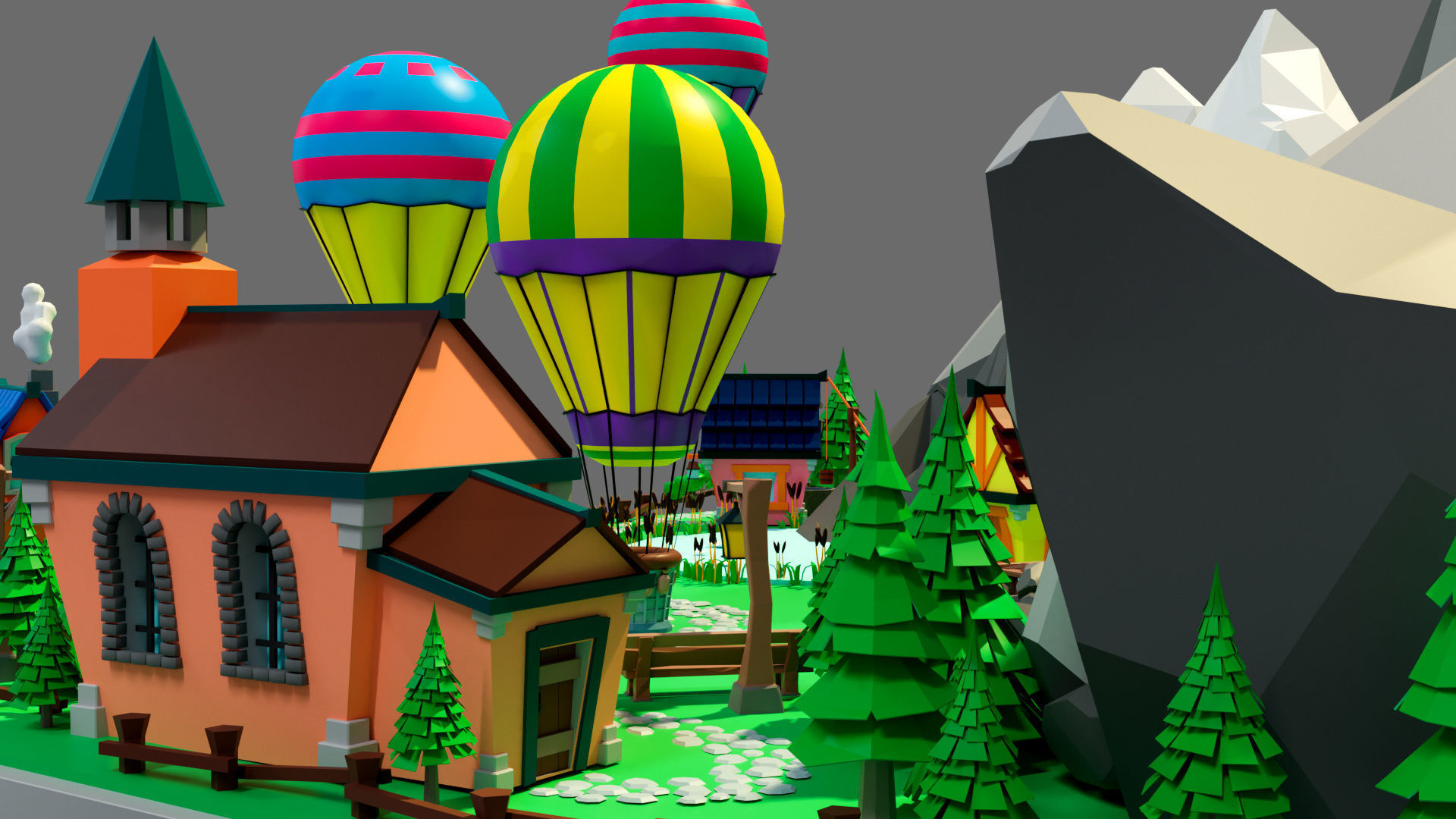 island 8 with trees and hot air balloons Low-poly 3D model_7