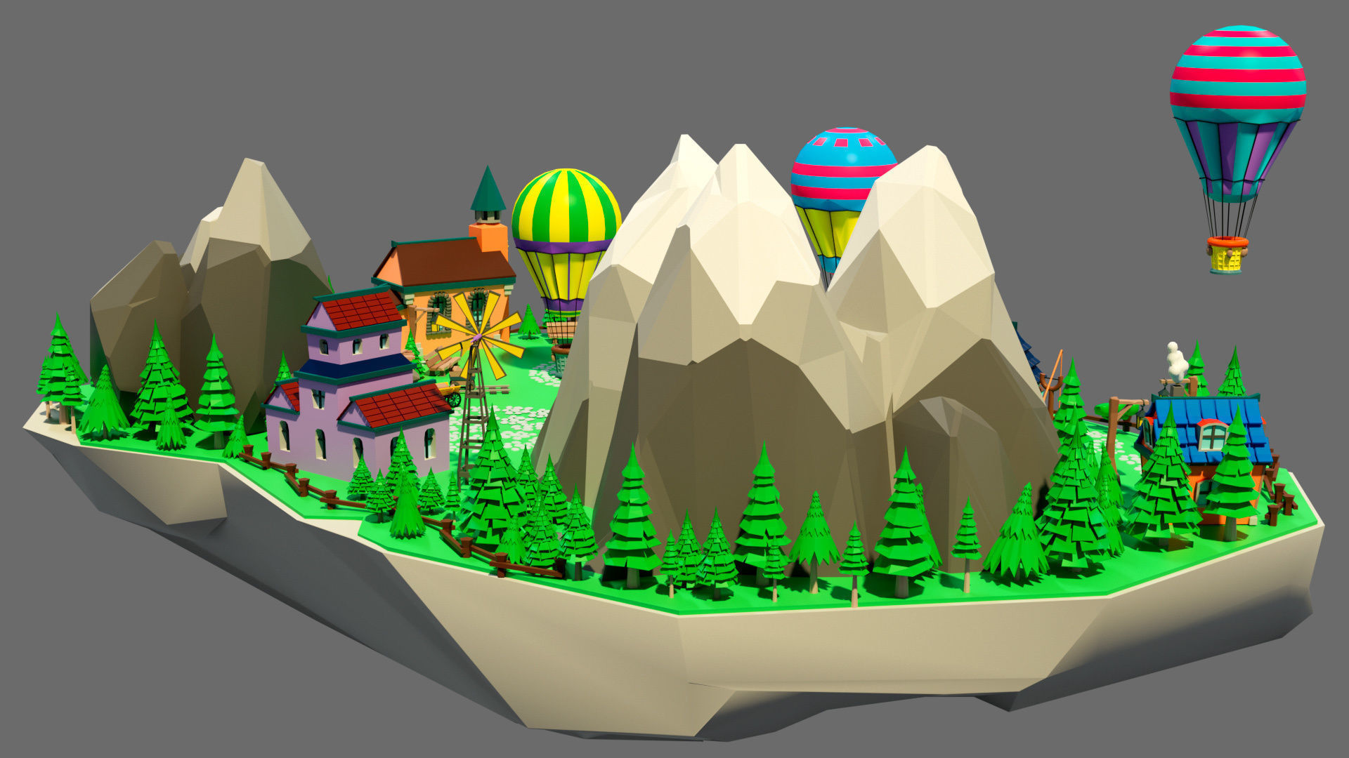 island 8 with trees and hot air balloons Low-poly 3D model_4