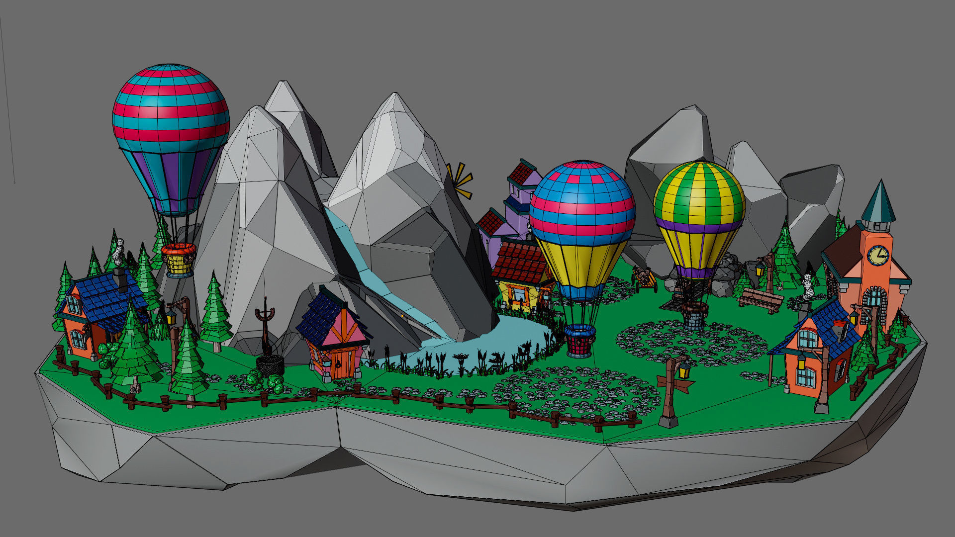island 8 with trees and hot air balloons Low-poly 3D model_10
