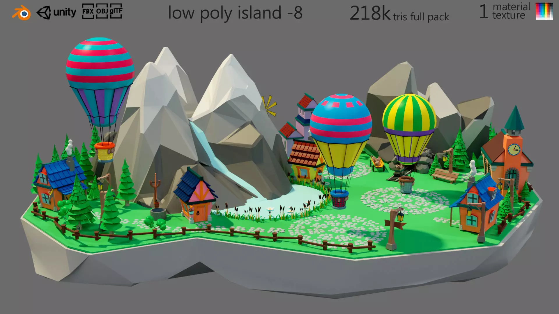 island 8 with trees and hot air balloons Low-poly 3D model_0