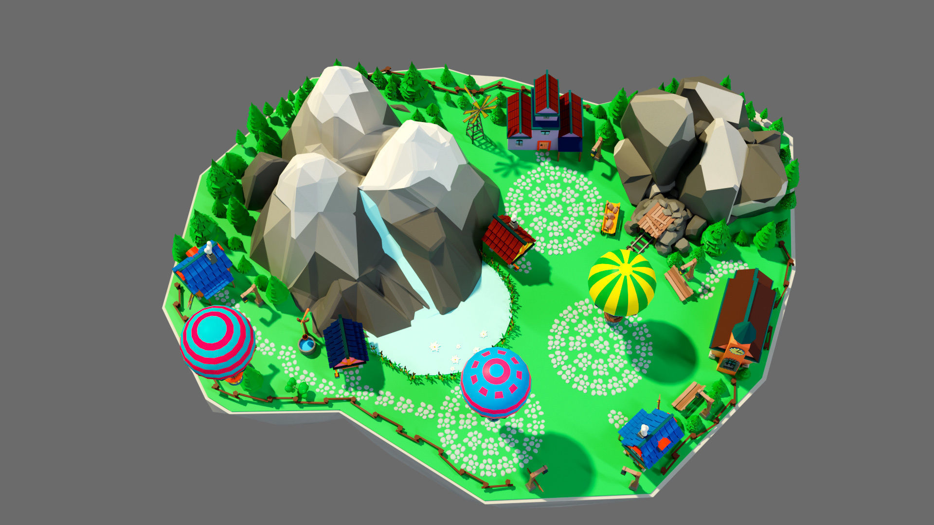 island 8 with trees and hot air balloons Low-poly 3D model_3