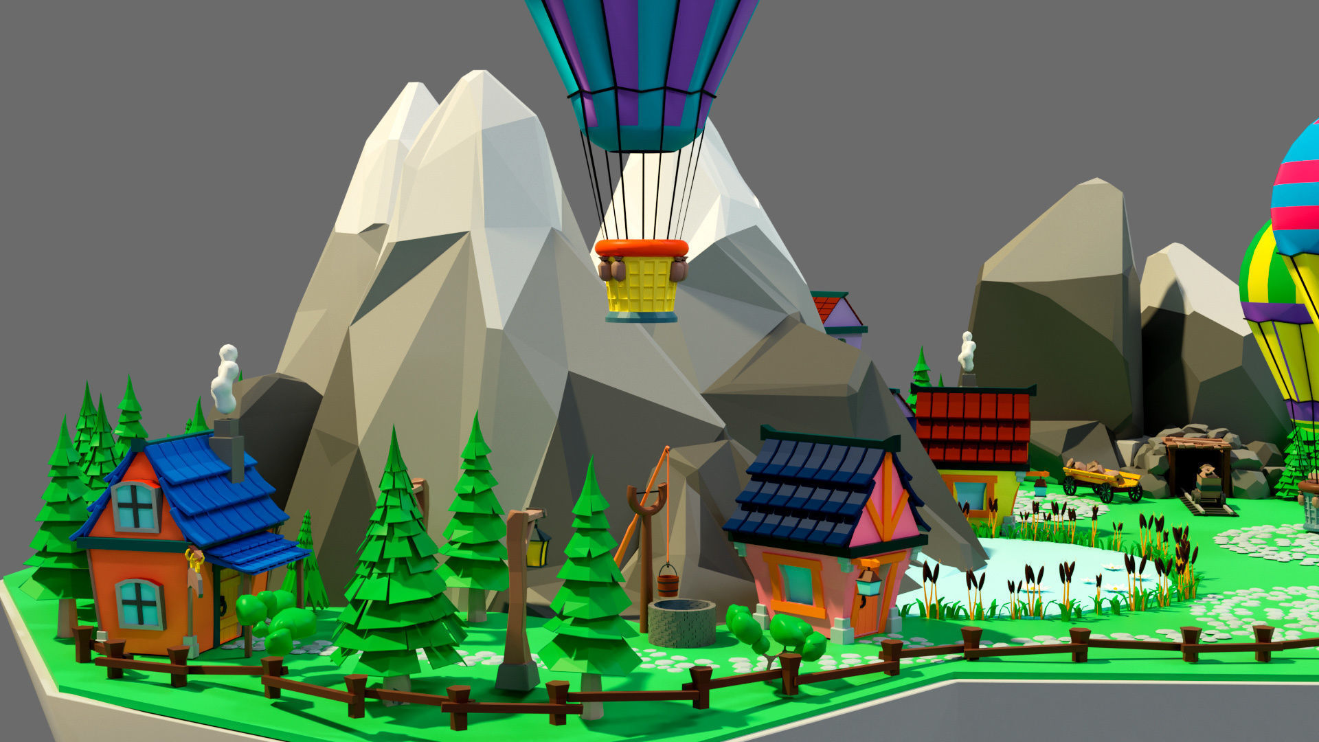 island 8 with trees and hot air balloons Low-poly 3D model_2