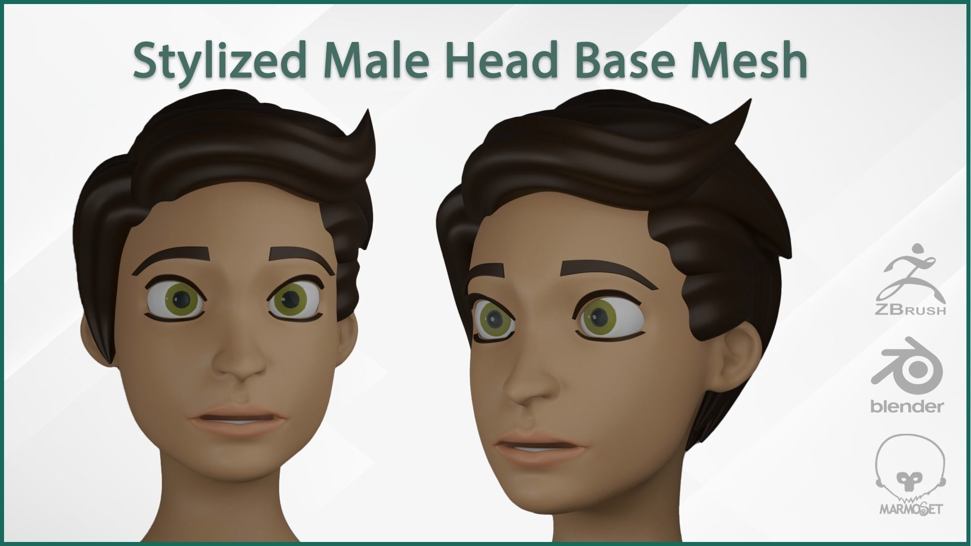 Male Head Stylized Base mesh with Hair in blender curve Low-poly 3D model_2