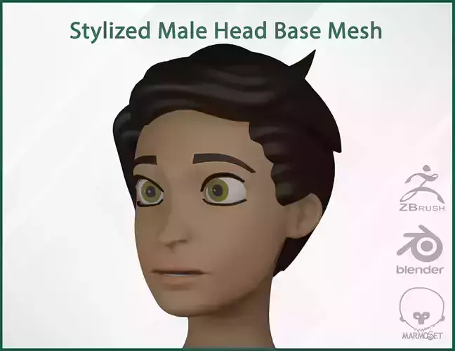 Male Head Stylized Base mesh with Hair in blender curve Low-poly 3D model