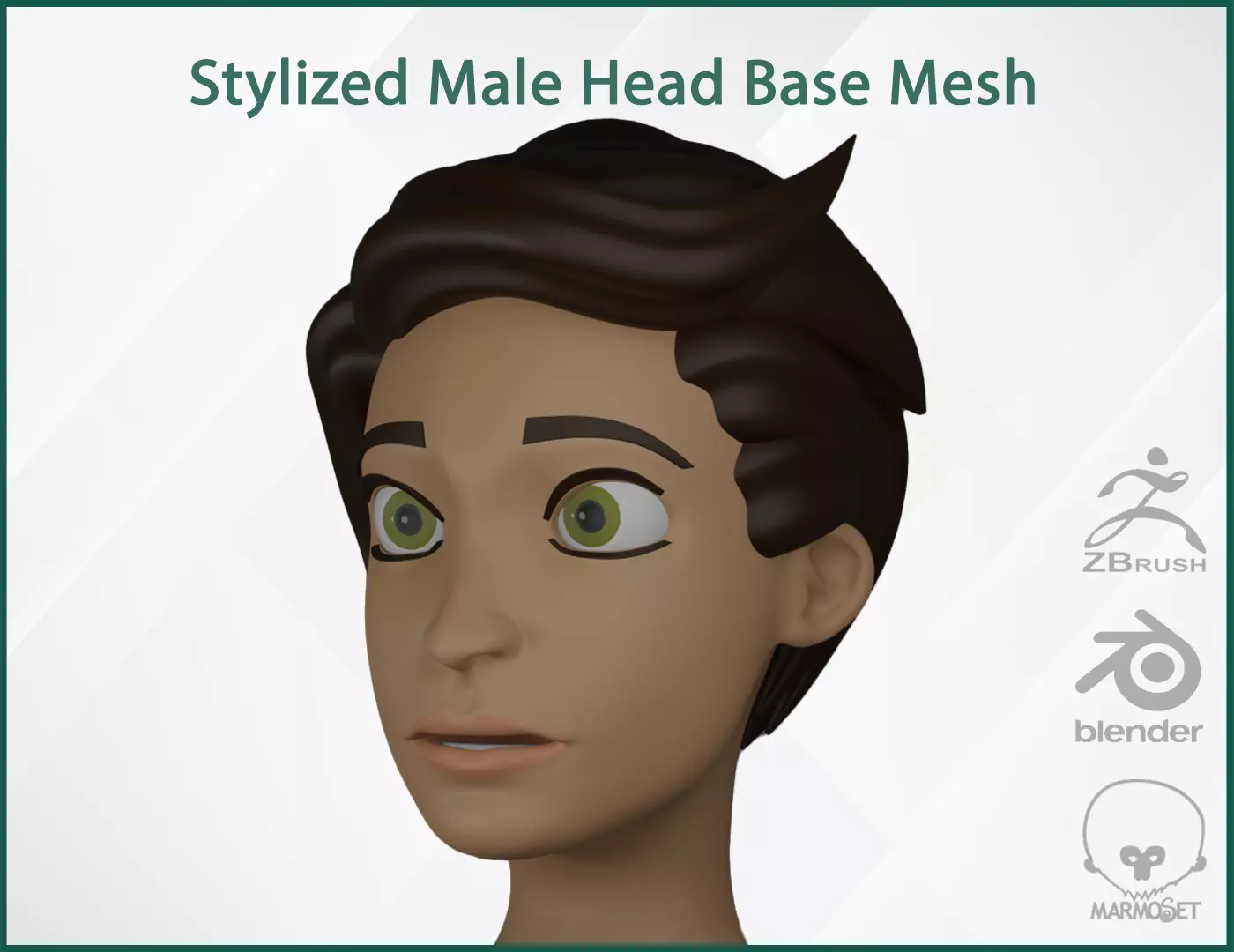 Male Head Stylized Base mesh with Hair in blender curve Low-poly 3D model_0