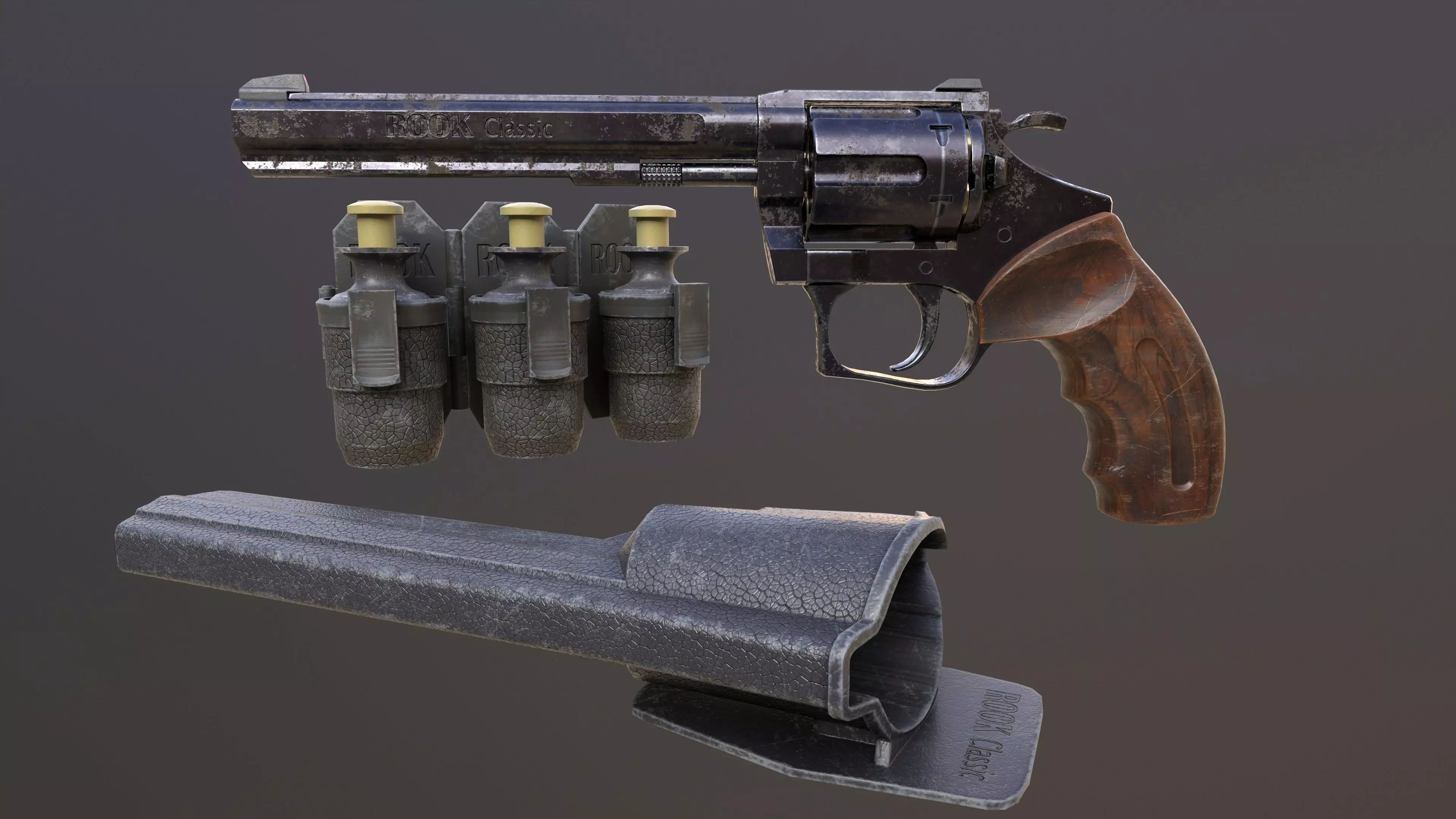 Rook Classic Revolver Rust with Bandolier and Speedloader Low-poly 3D model_0