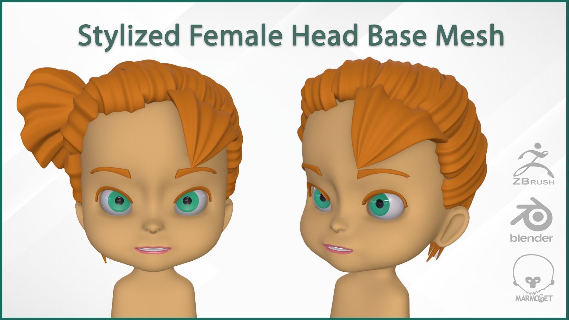 Female Head Stylized Base mesh with Hair in blender Curve Low-poly 3D model_2