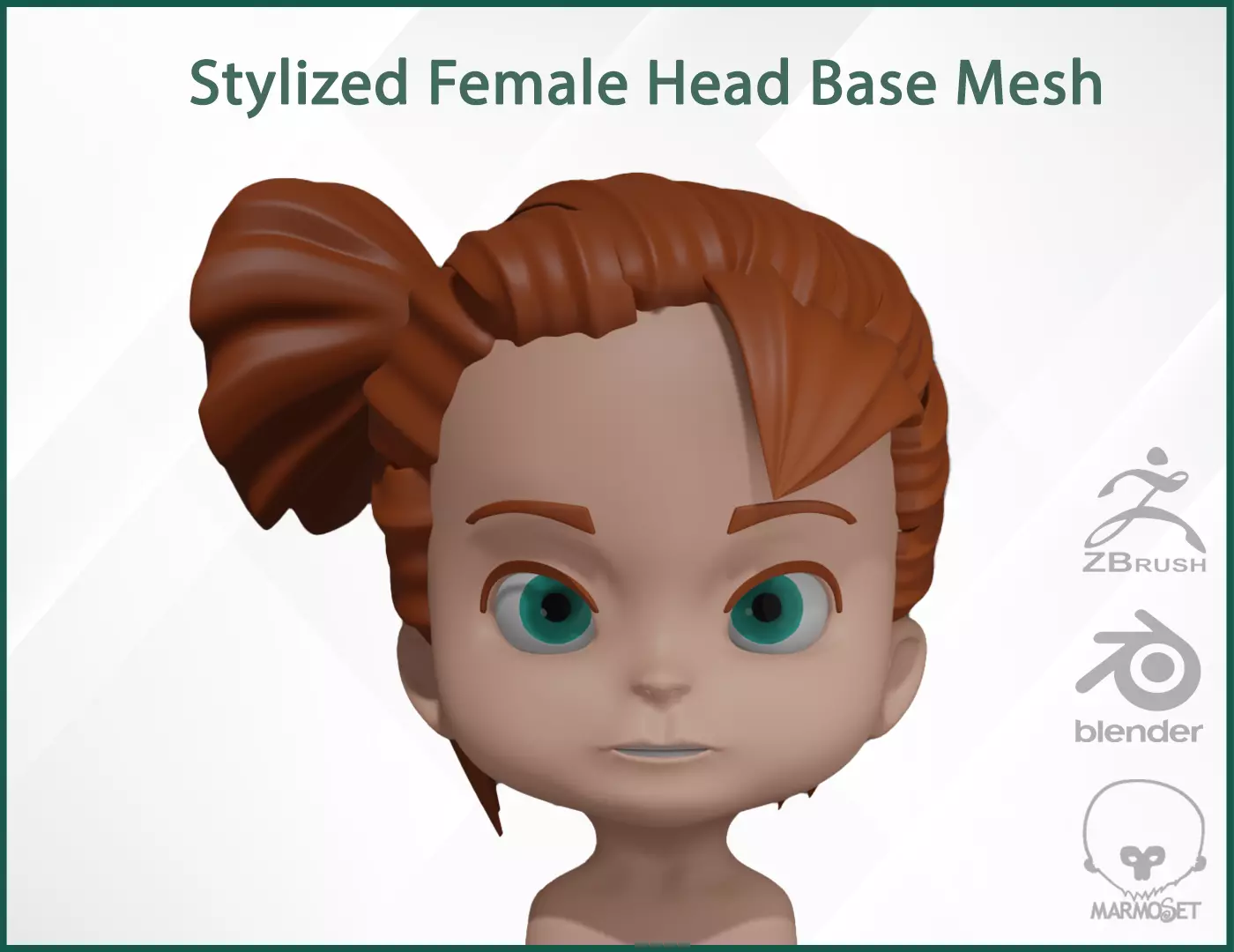 Female Head Stylized Base mesh with Hair in blender Curve Low-poly 3D model_0