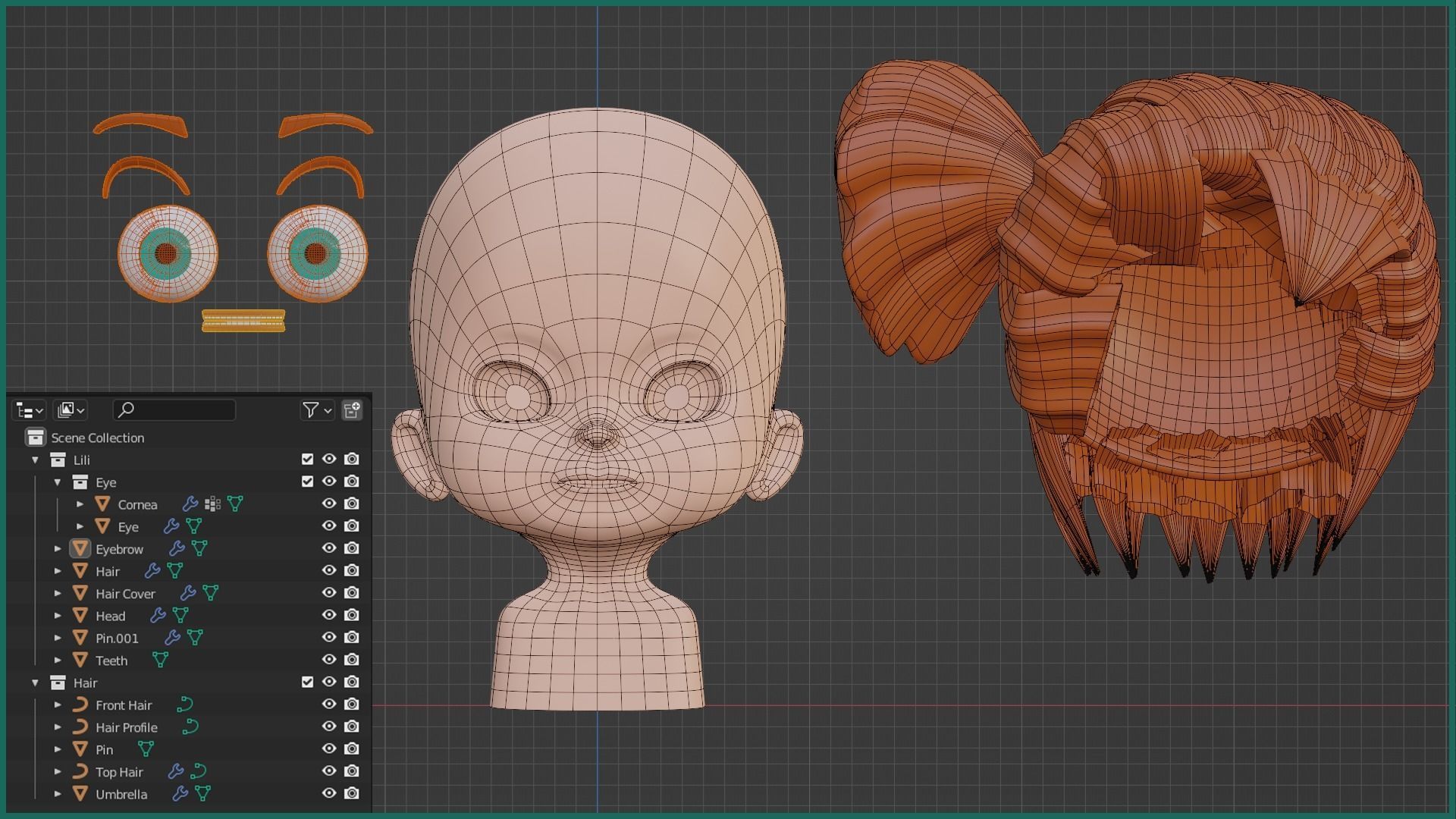 Female Head Stylized Base mesh with Hair in blender Curve Low-poly 3D model_4