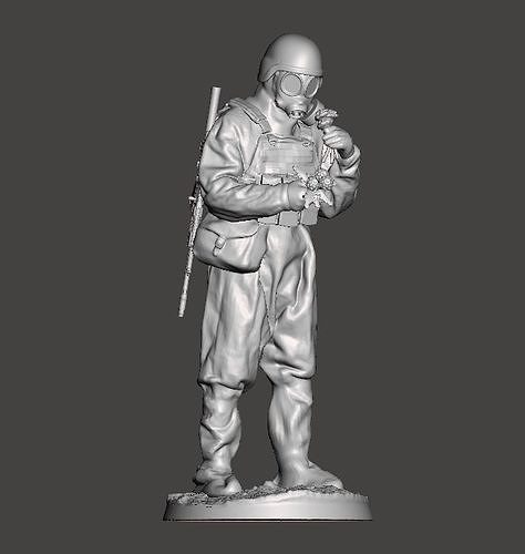Soldier in chemical protection costume and gasmask holds flowers 3D print model