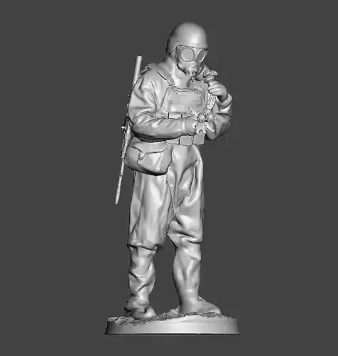 Soldier in chemical protection costume and gasmask holds flowers 3D print model