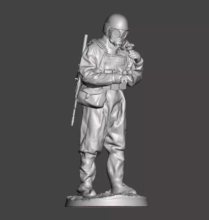 Soldier in chemical protection costume and gasmask holds flowers 3D print model_0