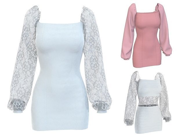Wedding Dress with sleeves Low-poly 3D model