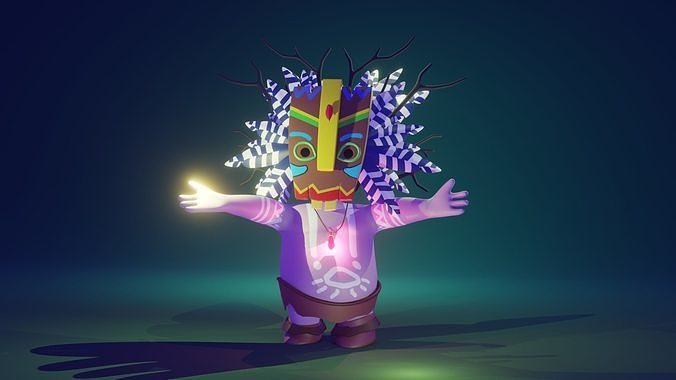 Tiki Low-poly 3D model character wearing mask and holding fla... Low-poly 3D model