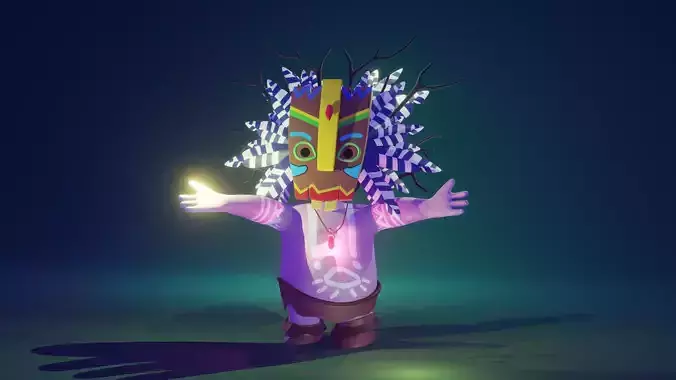 Tiki Low-poly 3D model character wearing mask and holding flashlight
