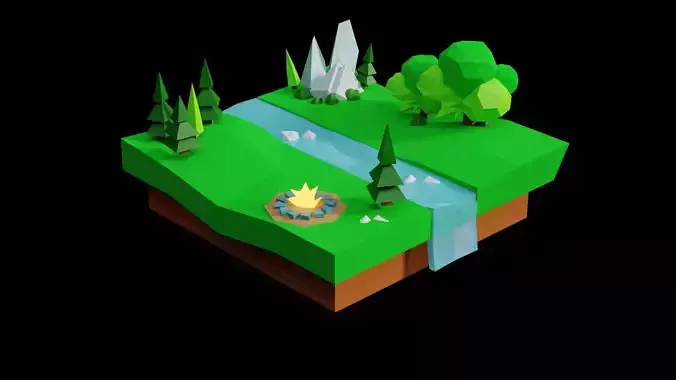 Low Poly World island with trees and river