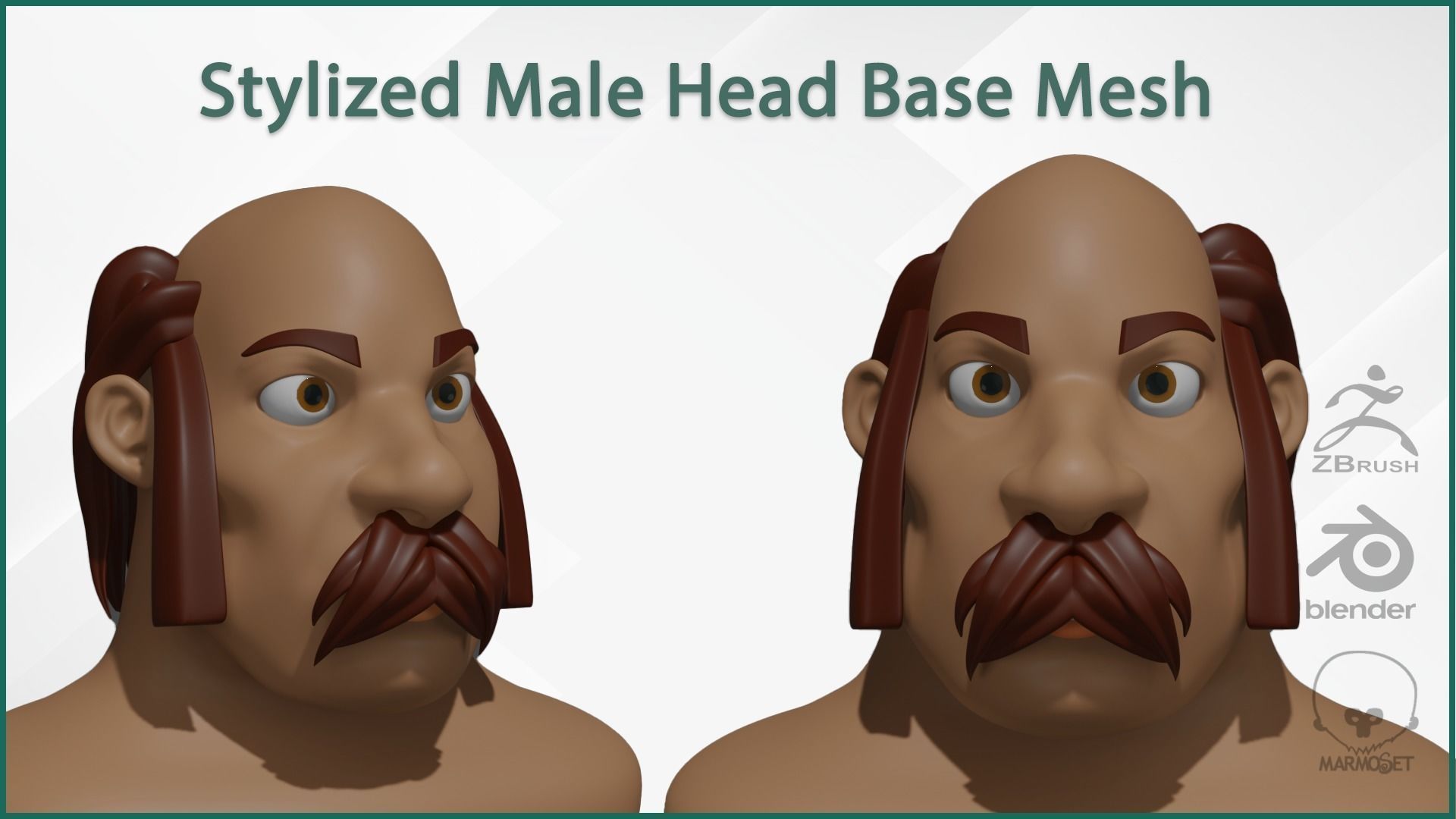 Male Head Stylized Base mesh with Hair in blender curve 2 Low-poly 3D model_2