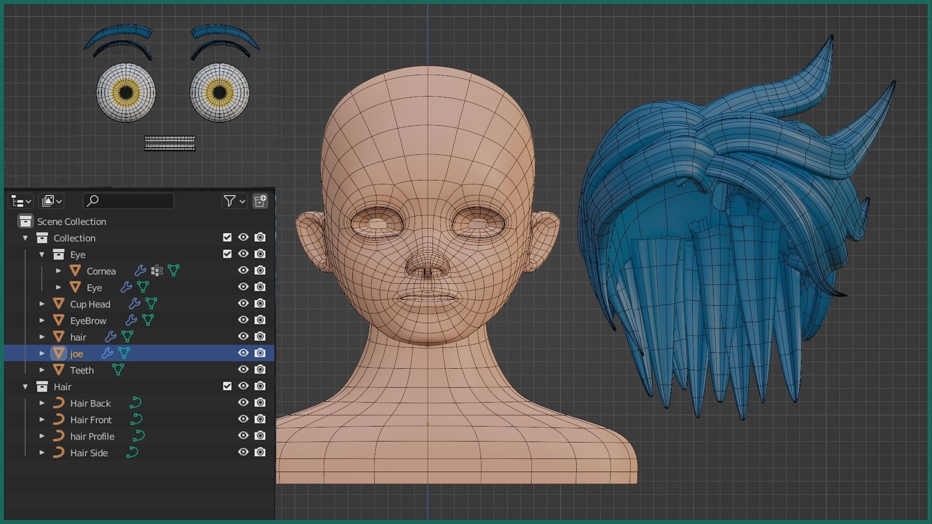 Male Head Stylized Base mesh with Hair in blender curve 3 Low-poly 3D model_4