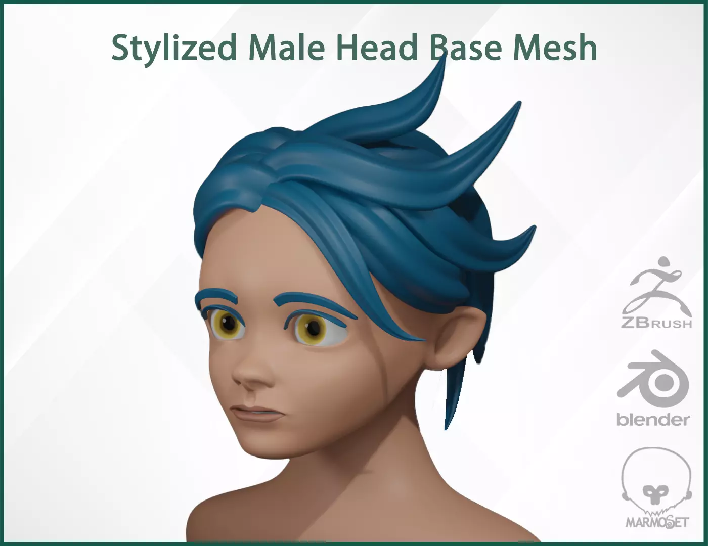 Male Head Stylized Base mesh with Hair in blender curve 3 Low-poly 3D model_0