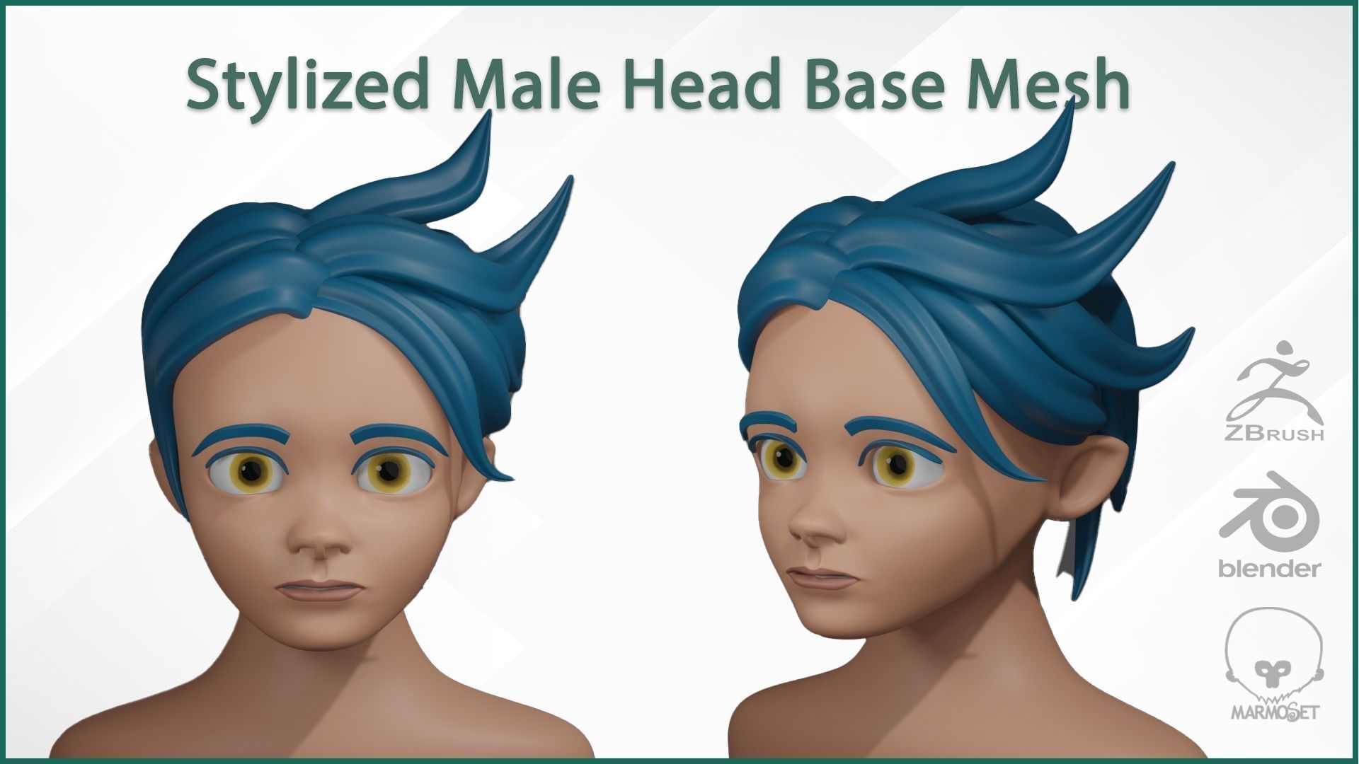 Male Head Stylized Base mesh with Hair in blender curve 3 Low-poly 3D model_2