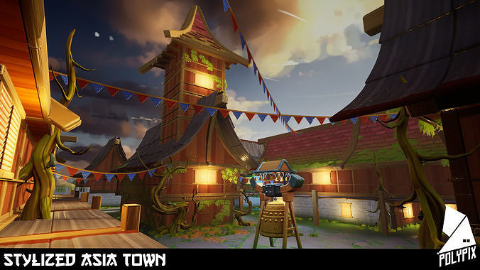 Stylized Asia Town Low-poly 3D model