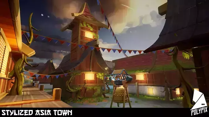 Stylized Asia Town Low-poly 3D model