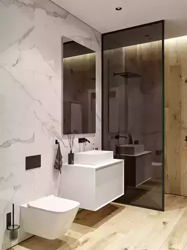 Bathroom modern with wooden floors and marble walls